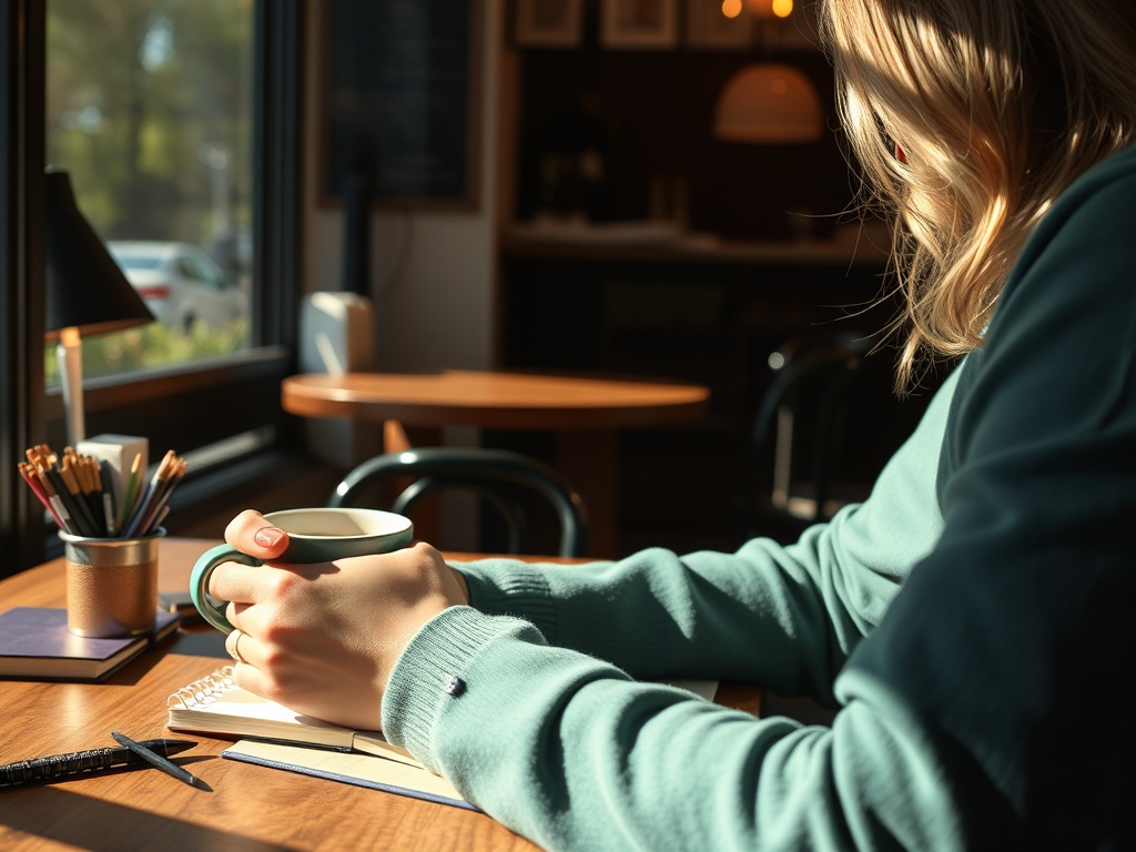 person journaling in cafe planning day, coffee cup, sunlight, cozy thoughtful mood
