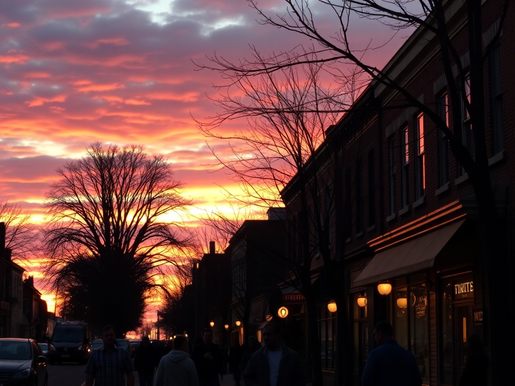sunset over Wellington West street, warm glow, people walking, calm neighborhood energy, cinematic feel