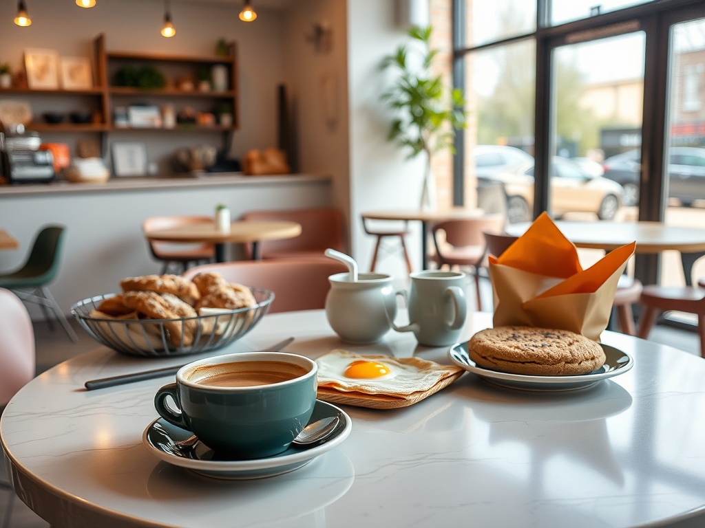 trendy brunch table with coffee, eggs, pastries, natural light, cozy modern cafe interior in Ottawa neighborhood