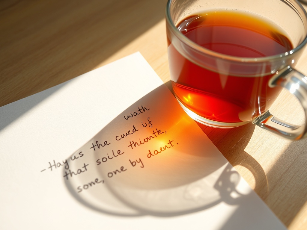 close-up of a handwritten intention on paper beside a cup of tea, sunlight casting warm shadows, peaceful mood