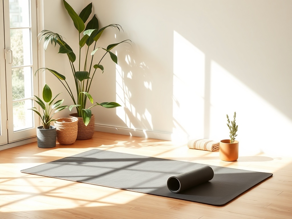 minimalist morning routine setup with yoga mat, sunlight, plants, and a calm uncluttered space