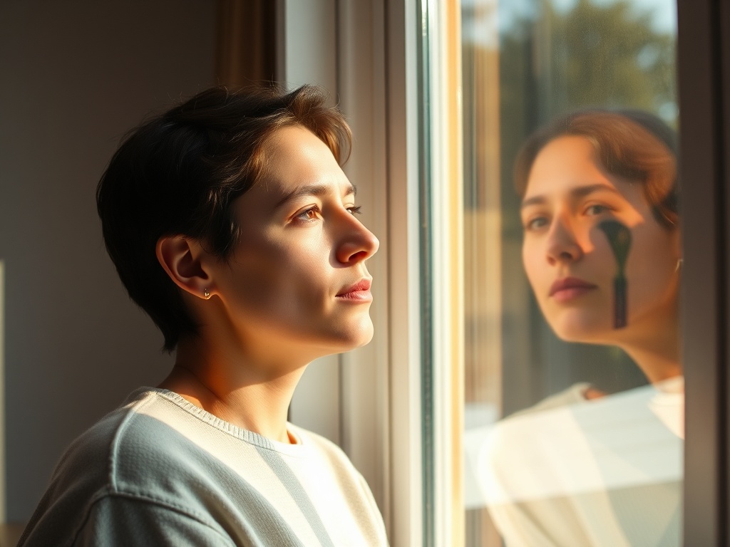 person calmly looking out a window with morning light, reflective peaceful expression, minimal modern interior