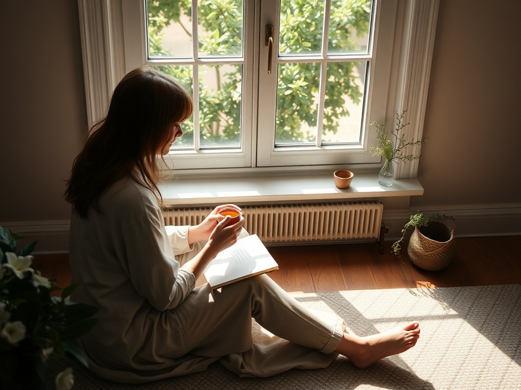 person sitting on floor near window journaling with tea, calm morning ritual aesthetic with soft shadows and greenery