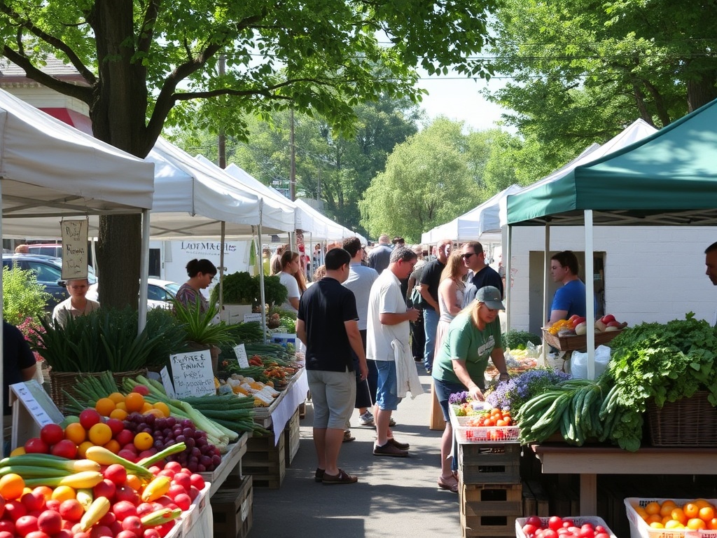 A bustling farmers' market in Westboro with fresh produce and friendly vendors