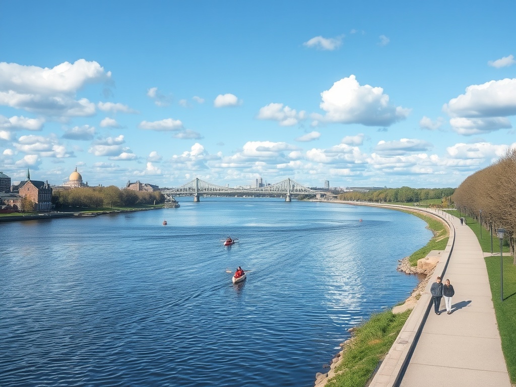 A peaceful view of the Ottawa River with people kayaking and walking along the pathway