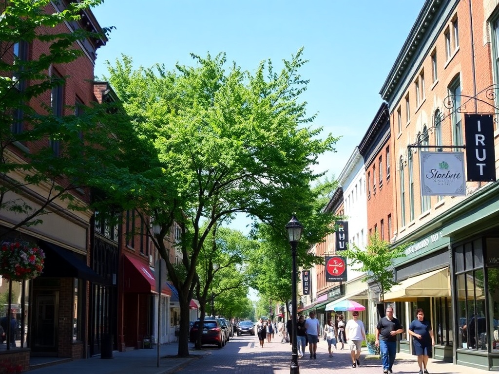 A street in Westboro with lively shops, trees, and people walking on a sunny day