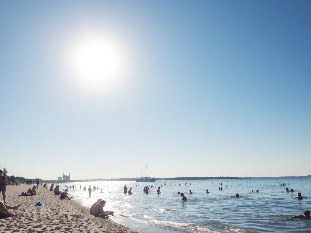 A sunny day at Westboro Beach with people relaxing and swimming