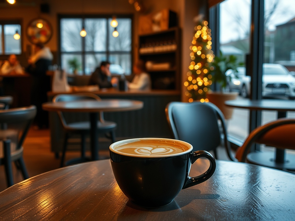 A warm coffee cup on a table inside a cozy coffee shop in Westboro