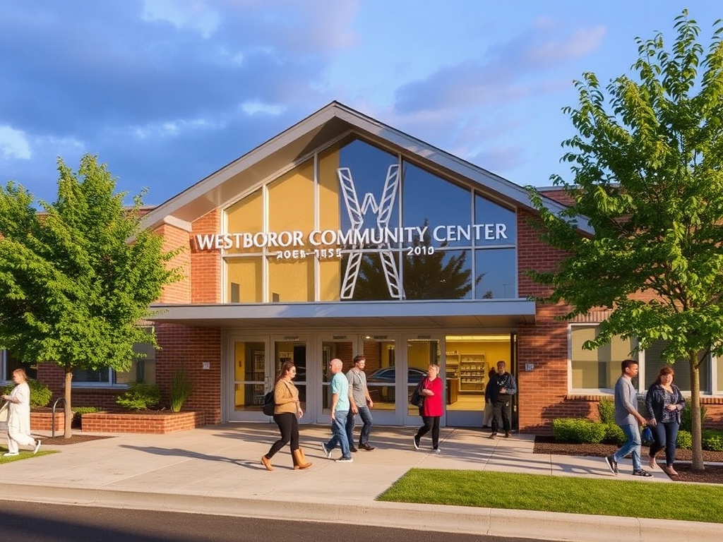 The exterior of the Westboro Community Center with people coming and going