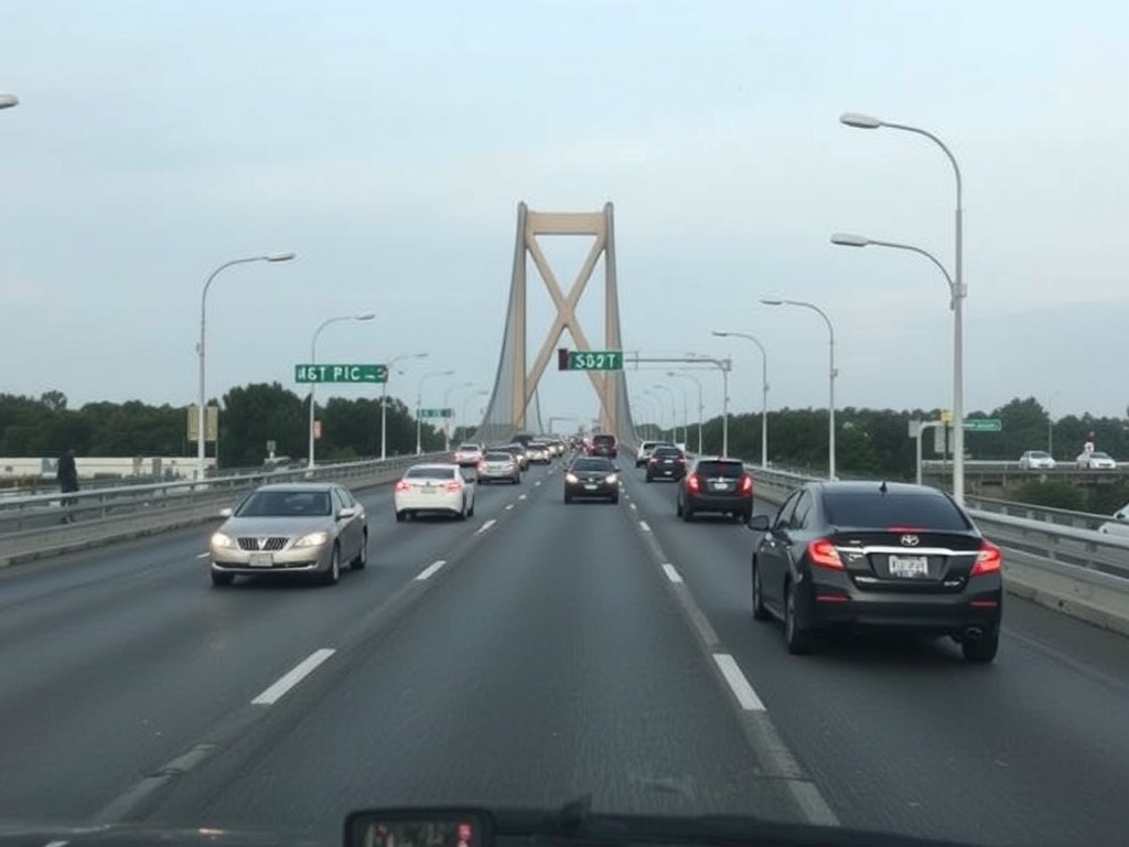 bridge traffic contrasted with quiet crossing time, practical daily life moment