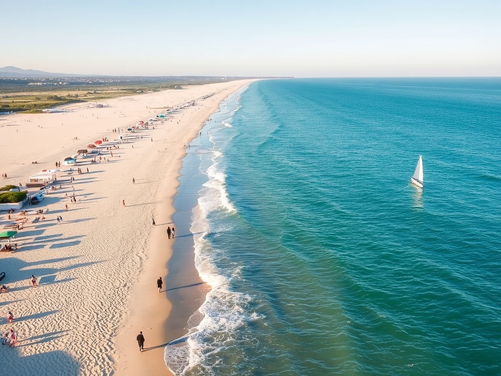 contrast between busy midday beach and quiet early morning shoreline