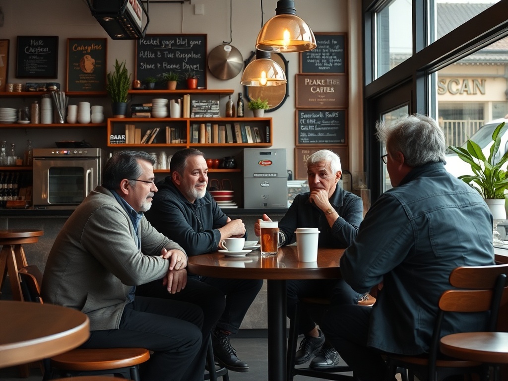 local coffee shop with regulars chatting casually, everyday scene