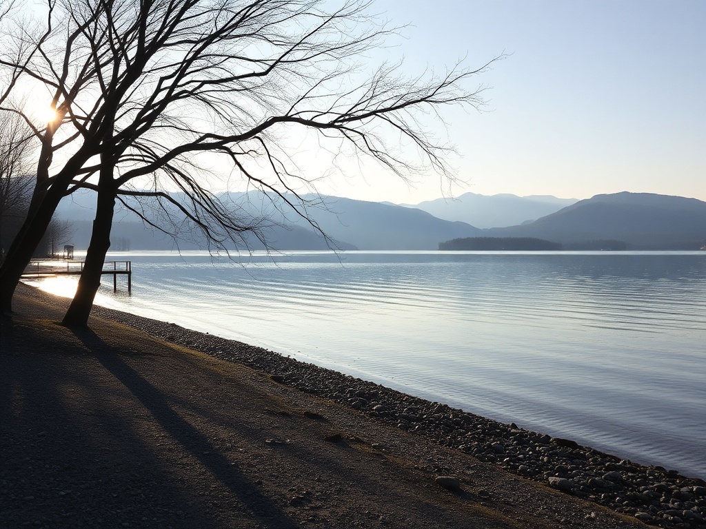 quiet Okanagan lakeshore morning with soft light, peaceful and empty, everyday local routine