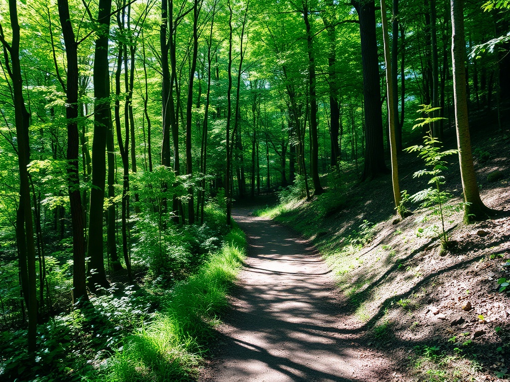 quiet side trail in wooded area with sunlight filtering through