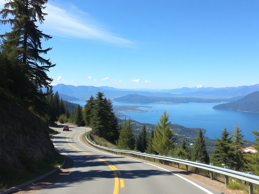 scenic hillside road overlooking Okanagan Lake, slow drive with expansive views