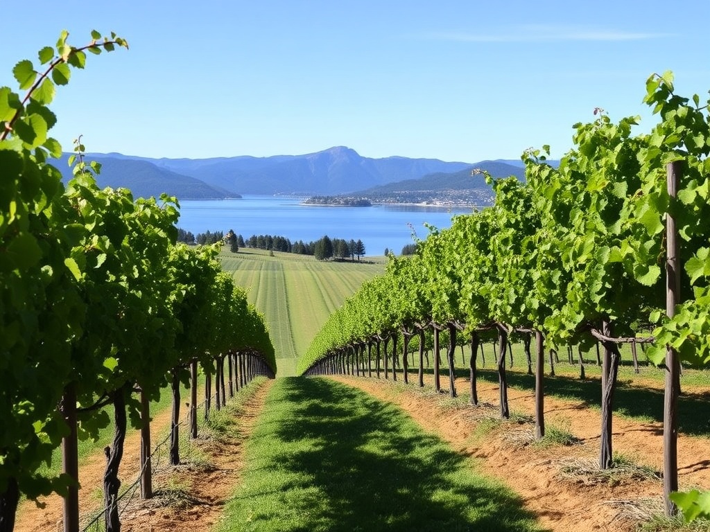 small relaxed West Kelowna vineyard with lake view, calm and uncrowded atmosphere