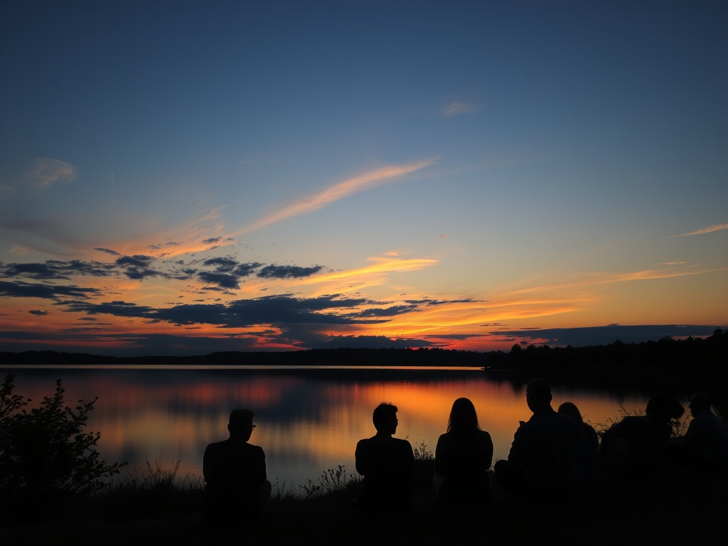 sunset over lake with quiet reflective mood, people sitting and watching