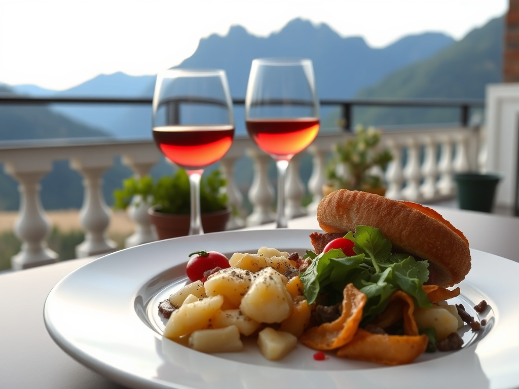 dinner plate with a glass of wine on a terrace with mountain views
