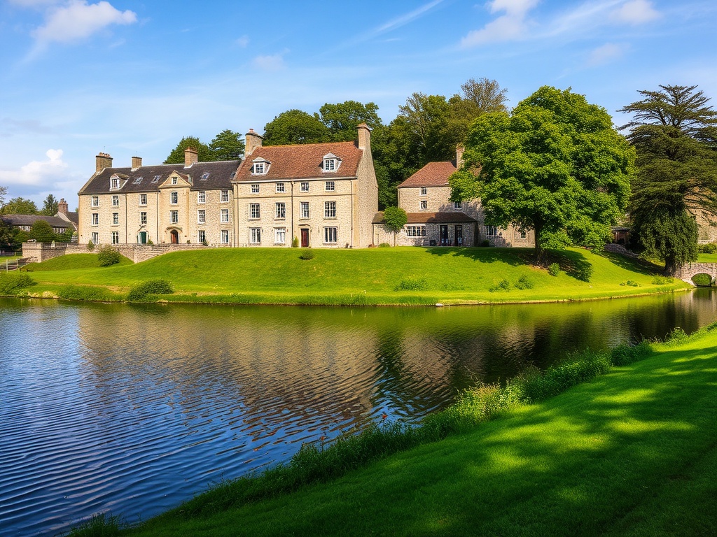 historical stone buildings by the lake with lush green grass and trees around