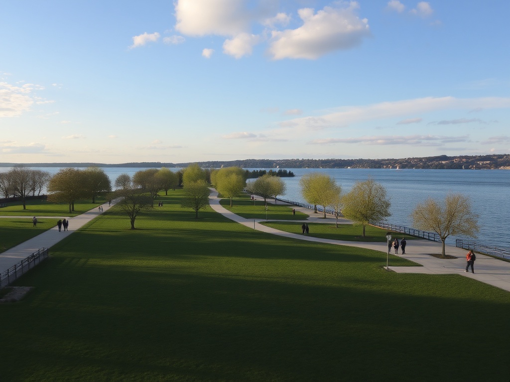 serene lakefront park with walking trails and people relaxing by the water