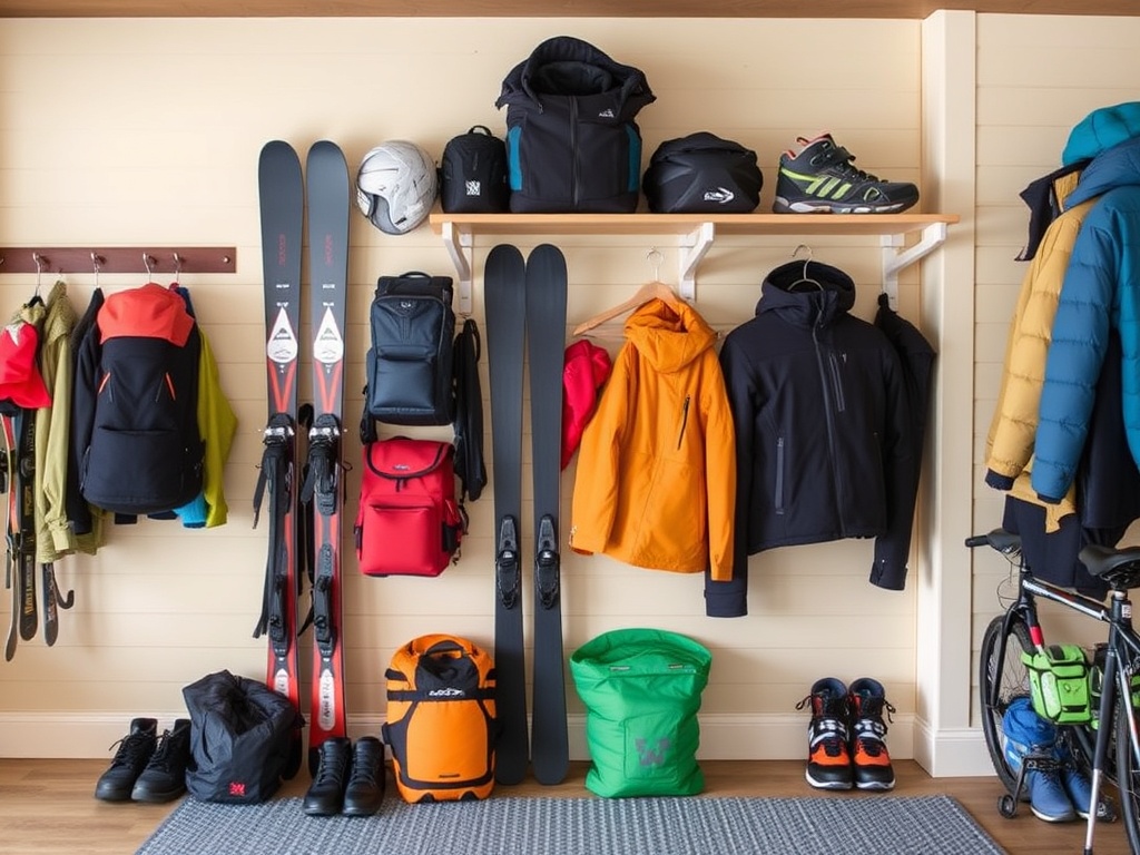organized outdoor gear Whistler home skis bikes layers ready