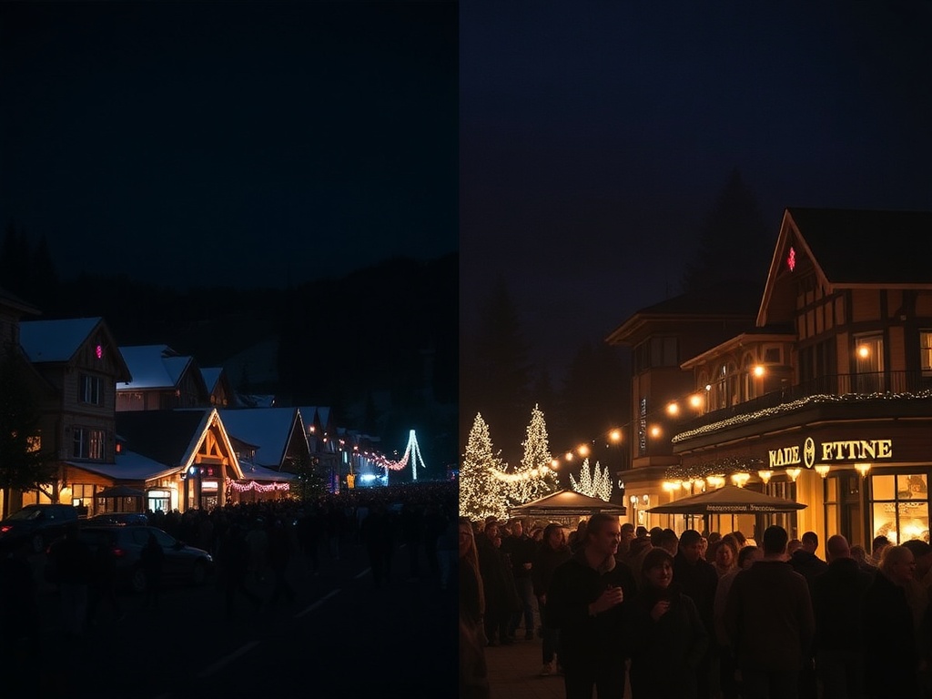 contrast scene Whistler busy midday crowds vs quiet evening lights village