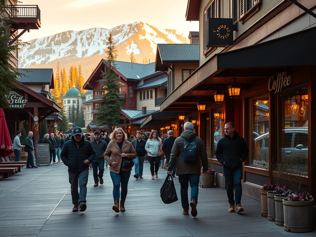 locals walking through Whistler Village early morning coffee shops opening mountain light
