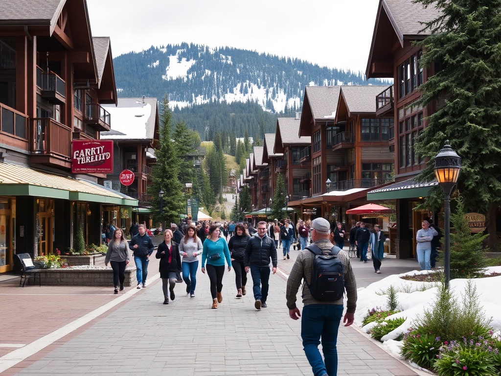 people walking between Whistler village and trails movement dynamic mountain town life