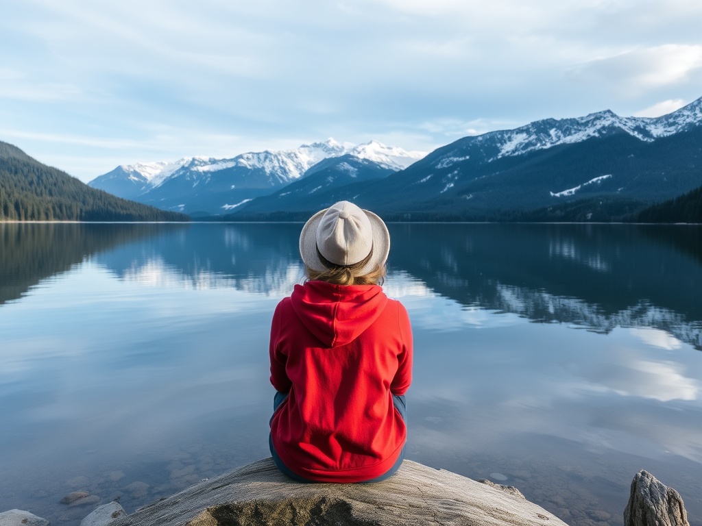 person relaxing by Whistler lake mountains reflection peaceful slow travel vibe