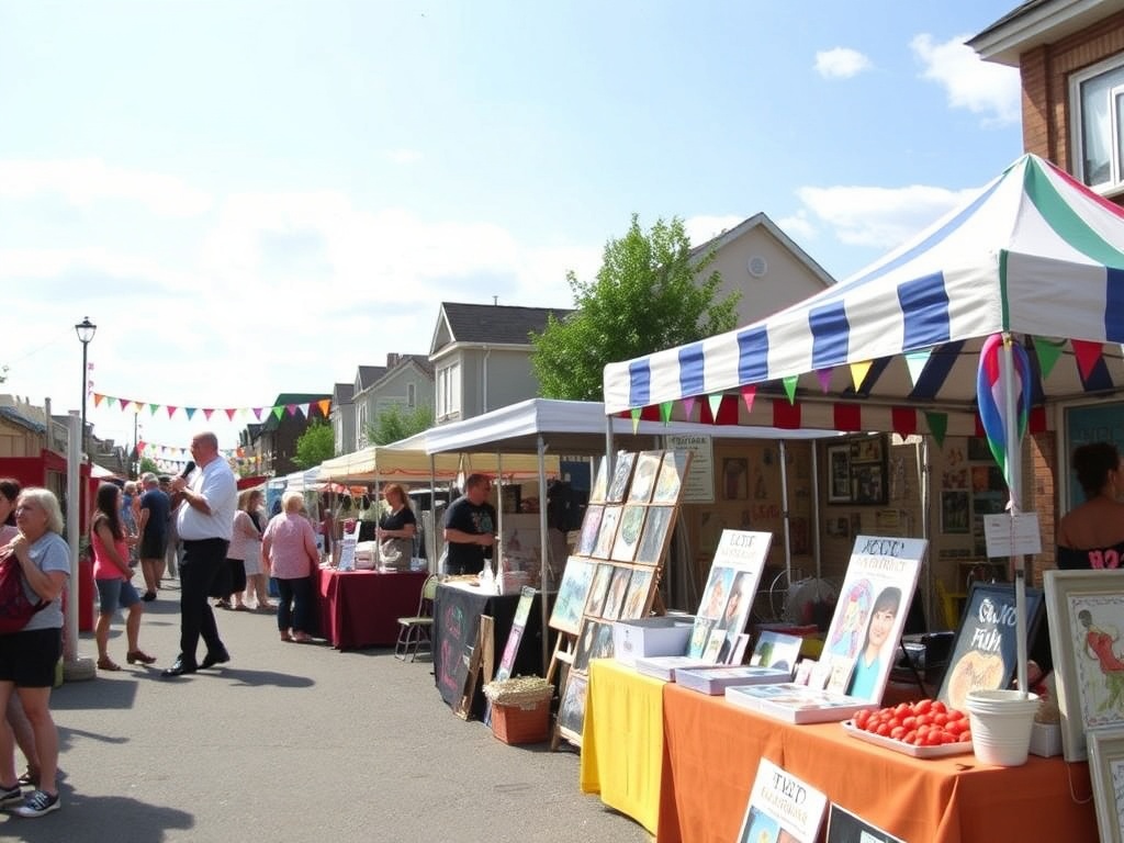 A colorful outdoor festival in Whitby, with food vendors, art displays, and a live band playing in the background.