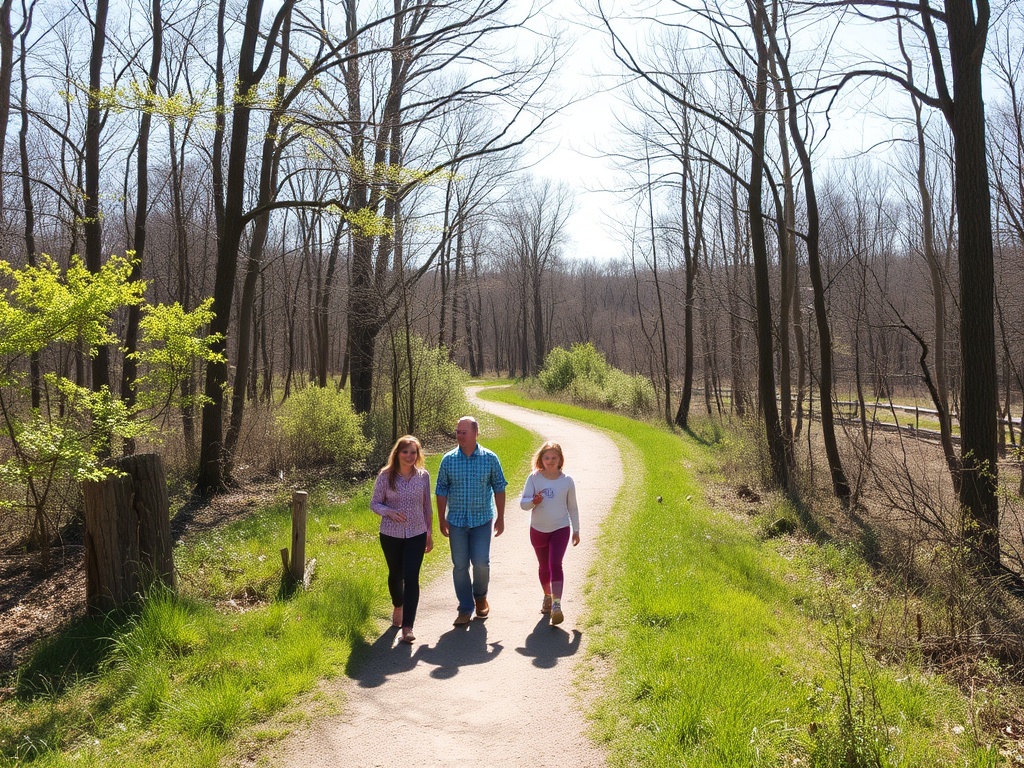 A family enjoying a sunny day at Heber Down Conservation Area, walking along a nature trail surrounded by trees and wildlife.