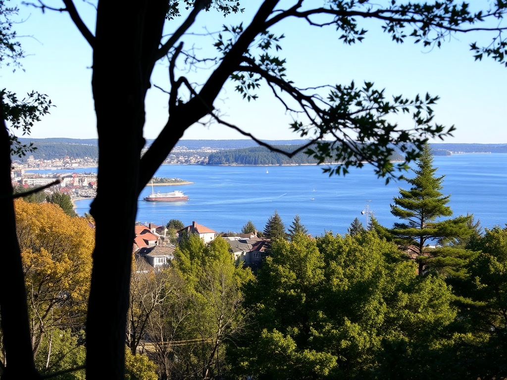 A scenic view of Whitby overlooking the lake with a few boats in the distance, framed by trees on the shore.