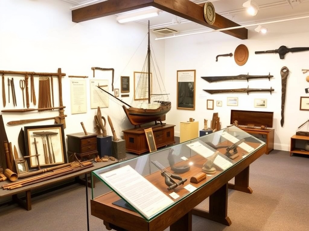 Whitby Museum's historical exhibits, including shipbuilding tools and war relics, displayed in a bright and well-lit room.