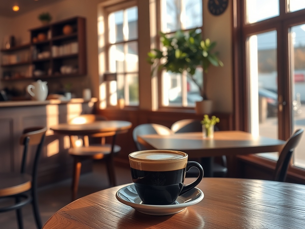 coffee shop Whitby cozy interior latte wooden table morning sunlight quiet relaxed atmosphere