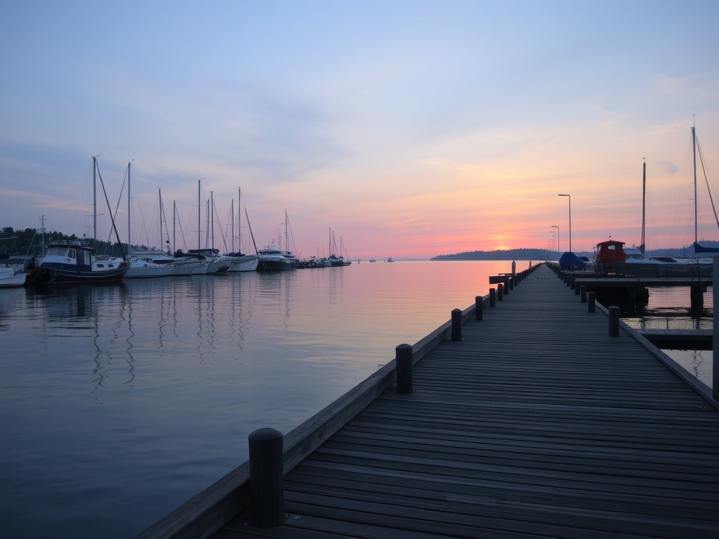 early morning Whitby harbour sunrise calm water soft light empty boardwalk peaceful Ontario lakeshore