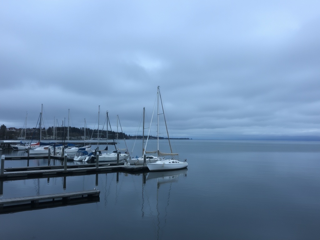 overcast Whitby harbour moody sky calm lake Ontario quiet reflective morning