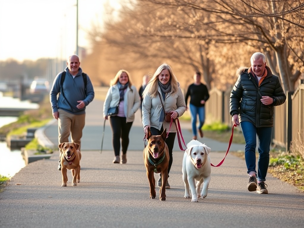 people walking dogs Whitby waterfront trail friendly community morning light casual interaction