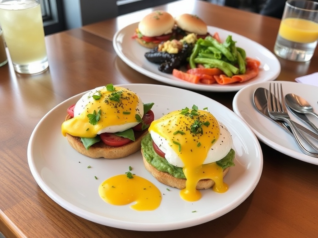 brunch plates eggs benedict avocado toast seaside restaurant White Rock