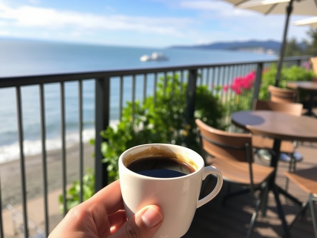 coffee cup overlooking ocean patio White Rock cozy cafe vibes