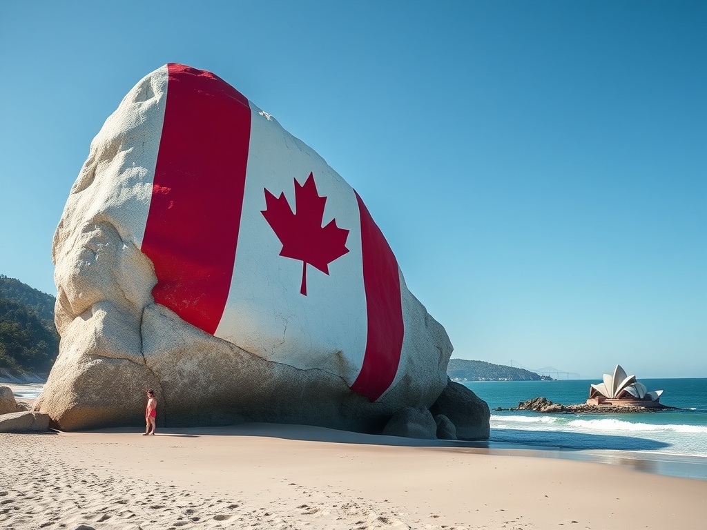 famous large white rock landmark painted with Canada flag on beach