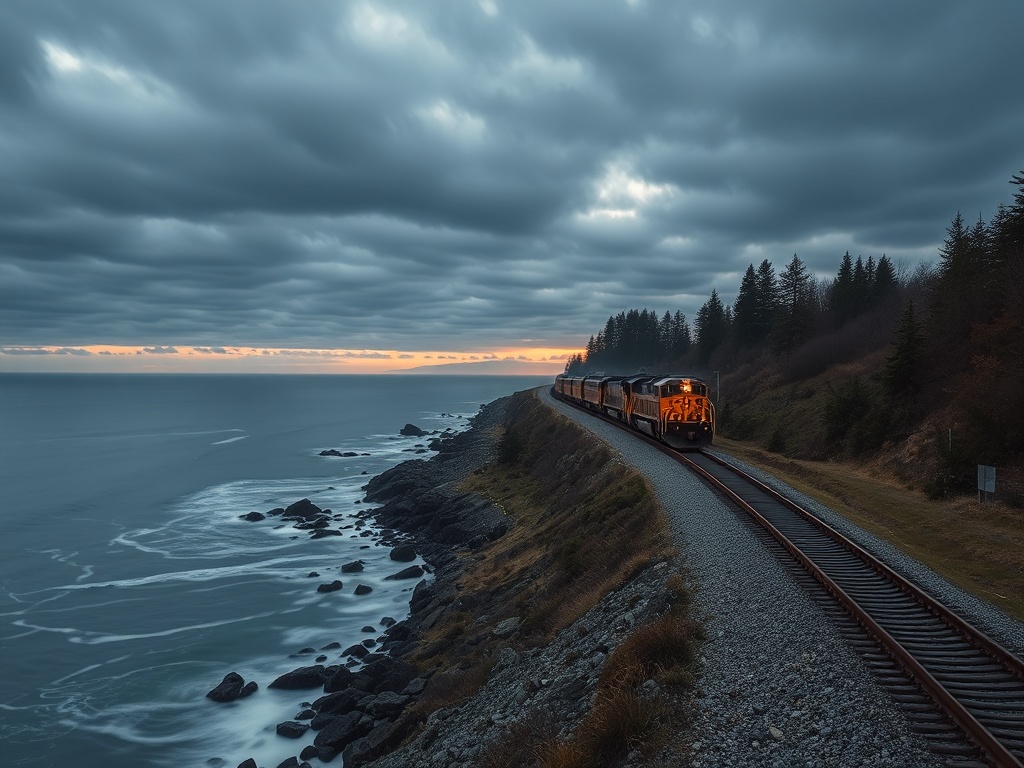 freight train passing along coastline White Rock dramatic ocean backdrop