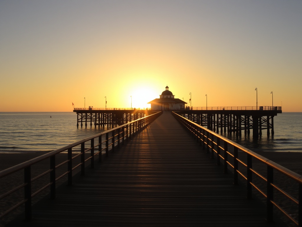 golden sunrise over White Rock Pier with calm ocean reflections and empty boardwalk
