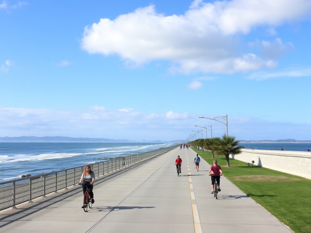 long seaside promenade White Rock with people walking bikes and ocean views