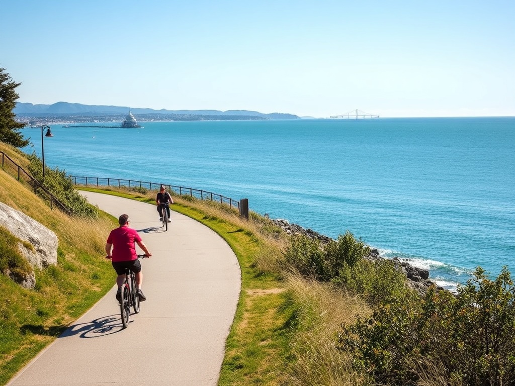 people biking along seaside path White Rock sunny day ocean views