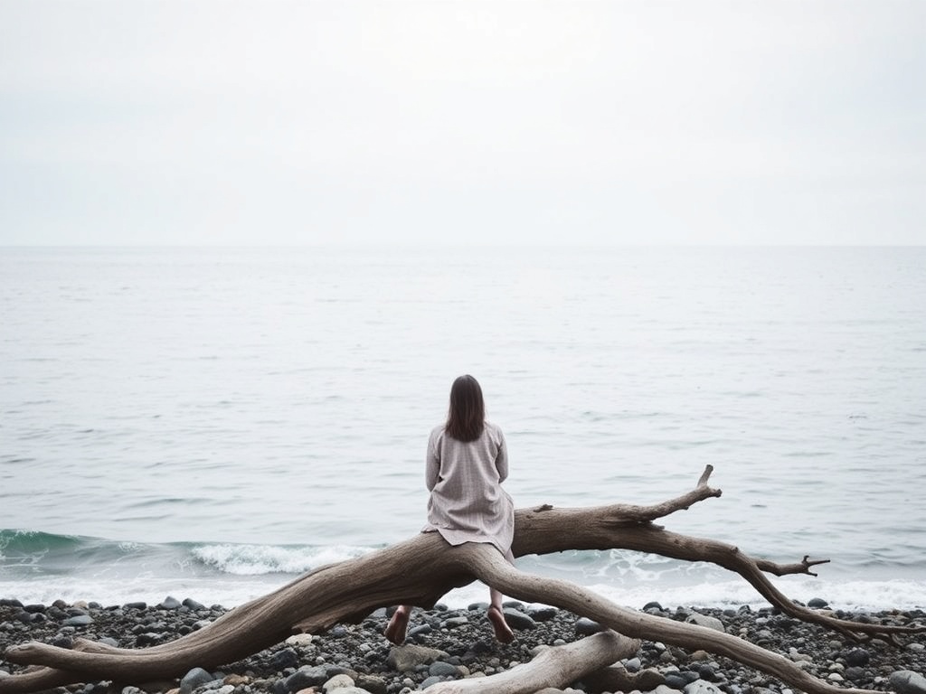 person sitting on driftwood looking at ocean calm minimal scene White Rock
