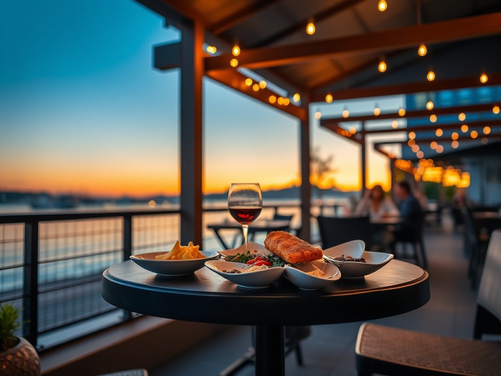 seafood dinner casual patio White Rock oysters salmon sunset lighting
