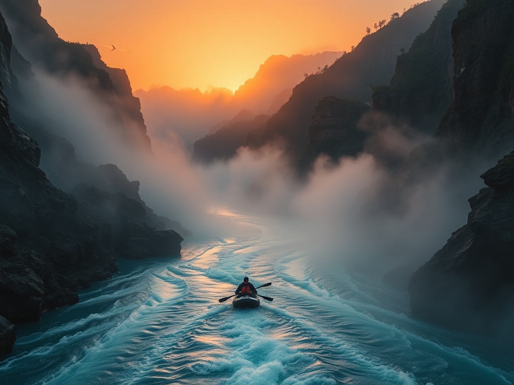 dramatic river canyon rafting sunrise mist powerful water cinematic scene