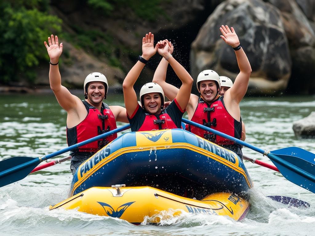 rafters celebrating after successful run riverbank high five gear wet smiles