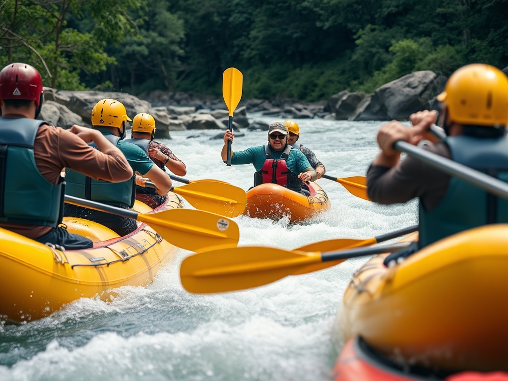 rafting team synchronized paddling forward stroke river rapids teamwork close up