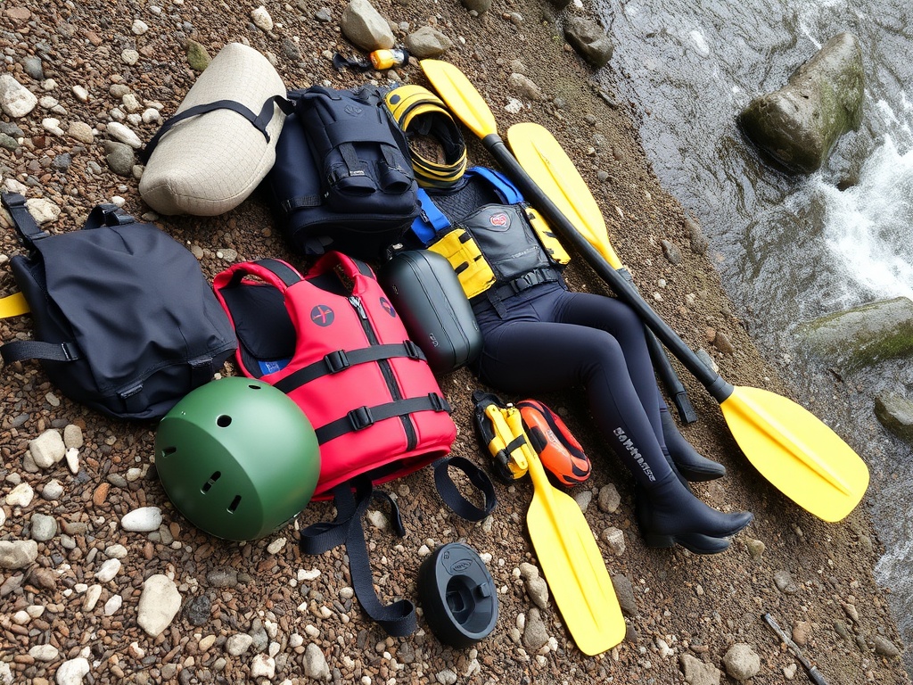whitewater rafting gear laid out helmet PFD paddle wetsuit riverbank preparation scene